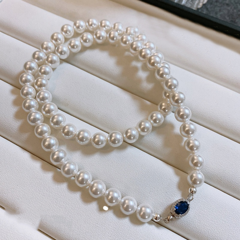 Natural Mother-of-Pearl Pearl Necklace Silver Blue Gem Clasp High Luster Premium Quality Pearl Australian White Necklace - Image 7