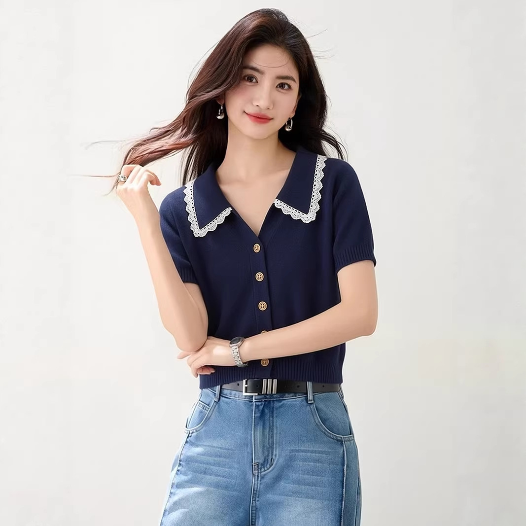 Navy Blue Lace Turn-Down Collar Knitted Short Sleeve T-Shirt for Women Summer Casual Top - Image 4