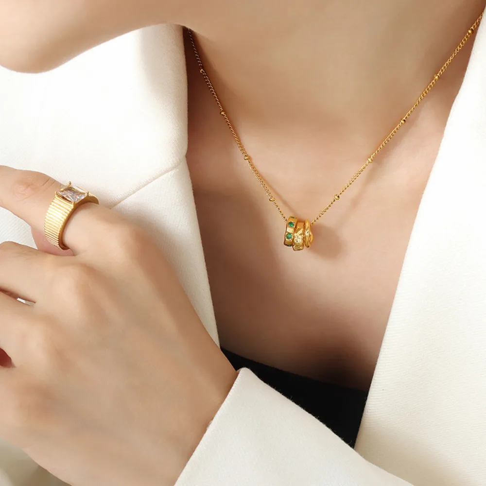 Fashion OL Titanium Steel Pendant Inlaid with Zircon Accessories Versatile Three Ring Buckle Necklace for Women - Image 4
