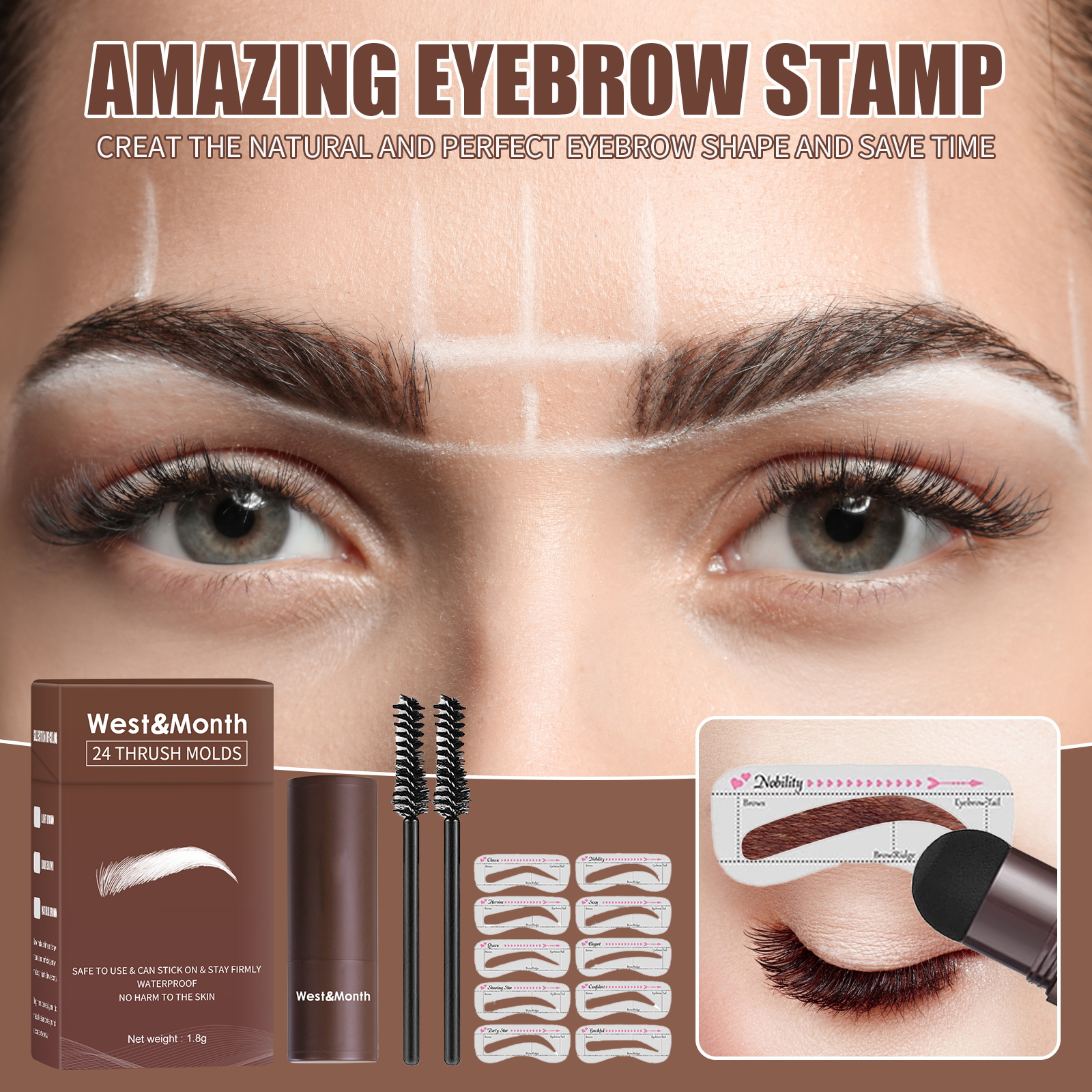 West&month 24 Thrush Molds, Lazy Brow Print Eyebrow Powder Set Durable Waterproof, Sweat Resistant, Makeup Free And Smudge - Image 3