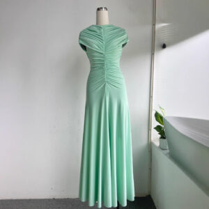 Elegant Green Summer Fitted High Neck Pleated Dress with Vintage Resort Style Long Skirt