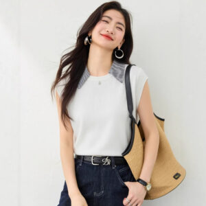 Stripe Turn-down Collar Short Sleeve T-shirt Fashion Casual Knit Top with Layered Look