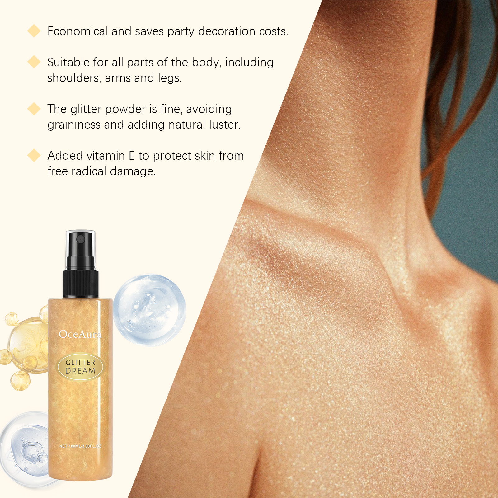 OceAura Body Glitter Spray Natural Stereoscopic Long-Lasting Shiny Hair Body Collarbone Highlighter Spray - Image 4