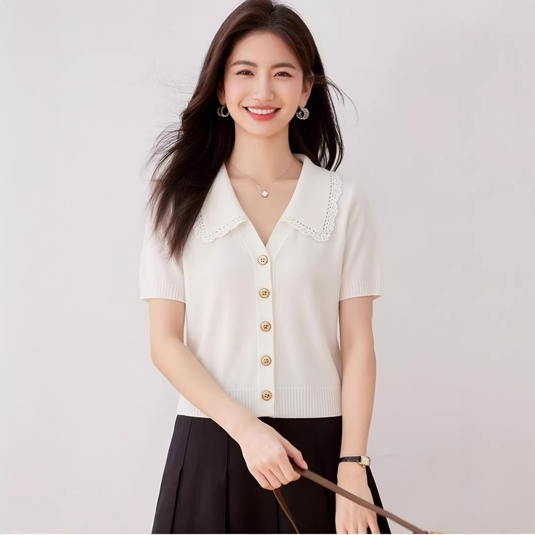 Navy Blue Lace Turn-Down Collar Knitted Short Sleeve T-Shirt for Women Summer Casual Top - Image 3