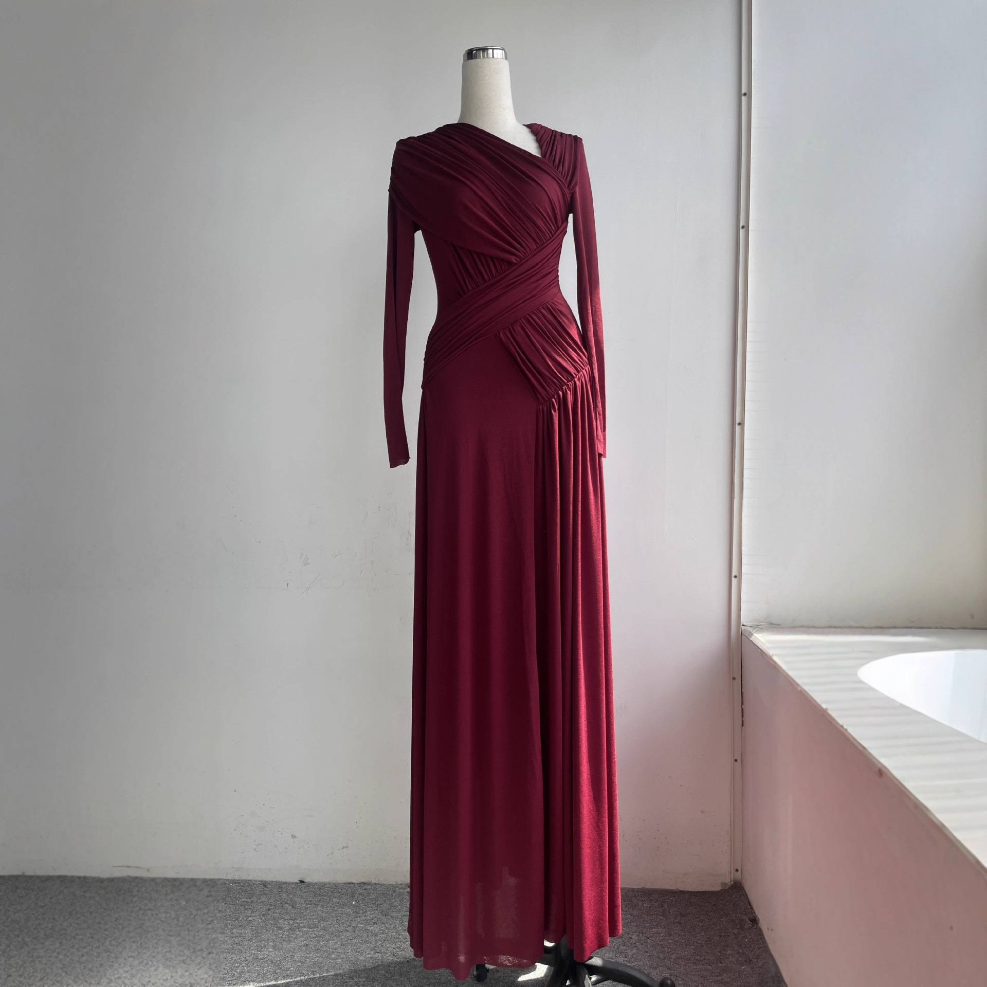 Pleated Long Sleeve Maxi Dress with Unique Design, Floor-Length Formal Gown - Image 4