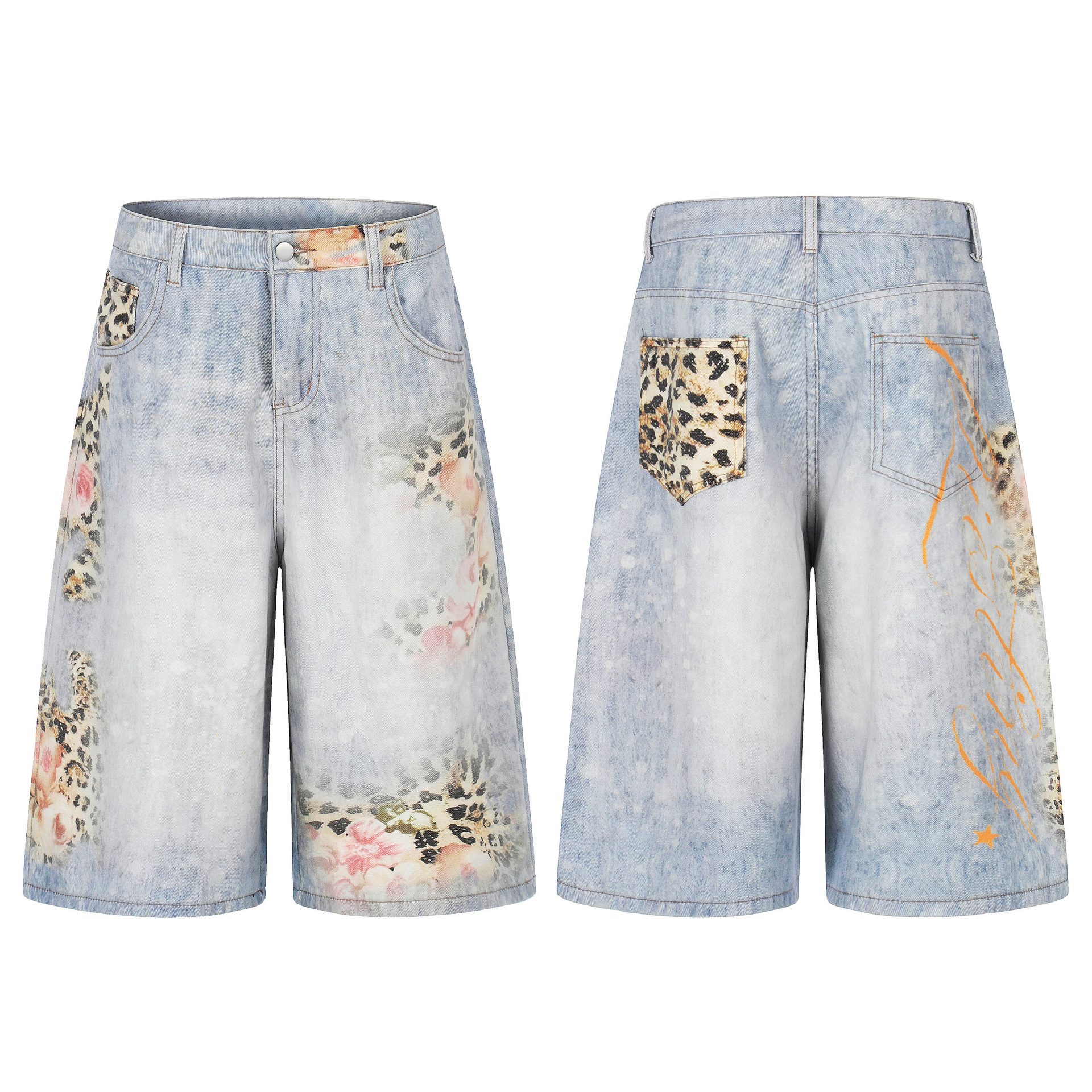 Leopard Print Denim Cropped Pants Unisex Loose Wide Leg Distressed Washed Street Style Mid-Length Pants - Image 5