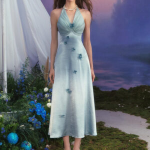 LaceMa Butterfly PearResort Style Embellished Strapless Blue Floral Dress Satin Fairy Dress