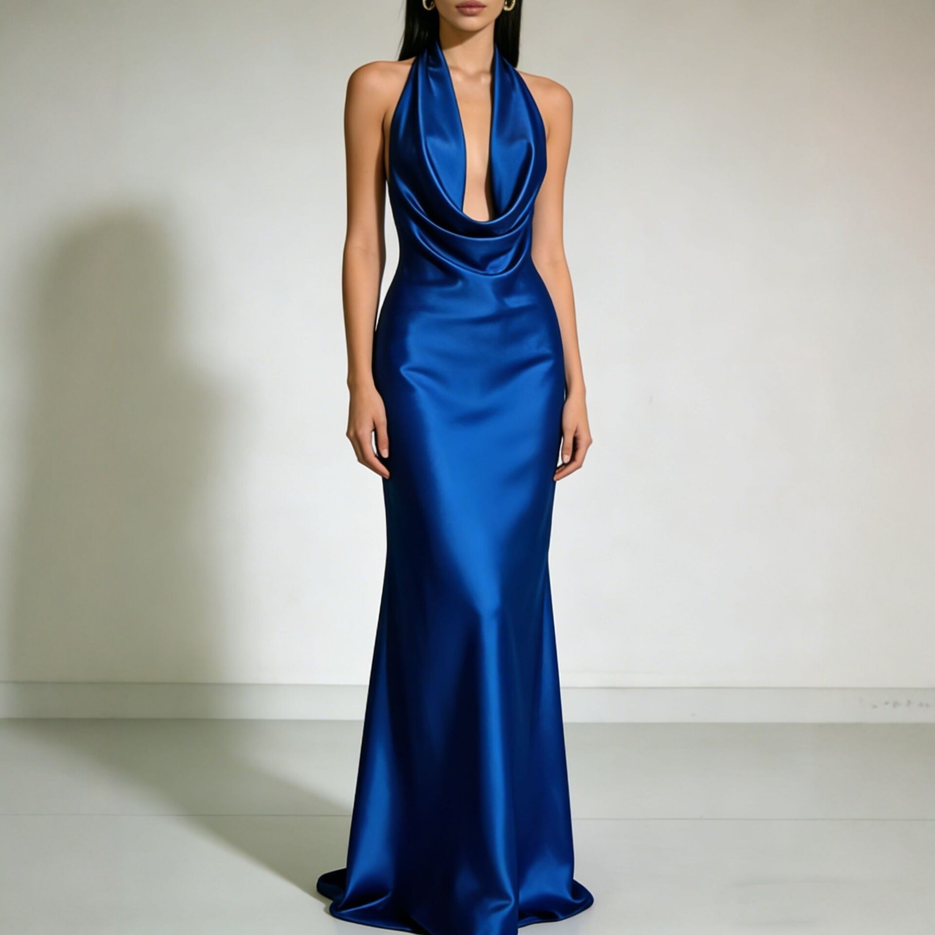 Solid color Strapless Backless Satin Evening dress Long dress - Image 4